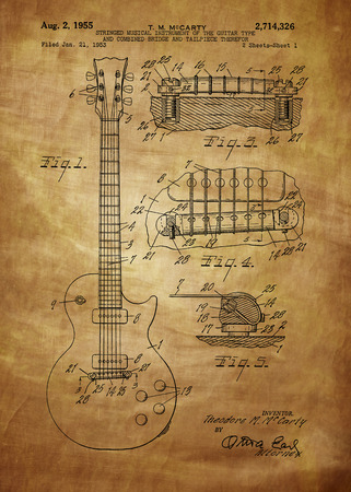 Les Paul  Guitar patent from 1955 inventor T. M. McCarty
Vintage patent artwork great presentation in both corporate and personal settings ie offices/ clubs/
restaurants/ Home etc.
Photograph - Patent Art - Fine Art Photograph Based On Original Patent Artのeditorial素材
