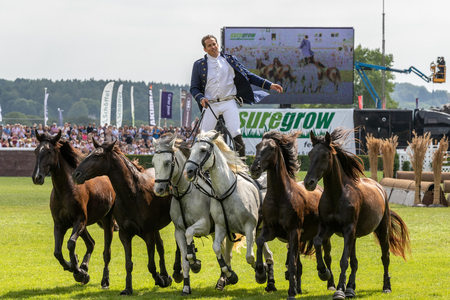 Harrogate, North Yorkshire, UK - July 12th, 2018: French horse trainer Lorenzo performing with his Horses at the Great Yorkshire Show on 12th July 2018 at Harrogate in North Yorkshire, Englandのeditorial素材