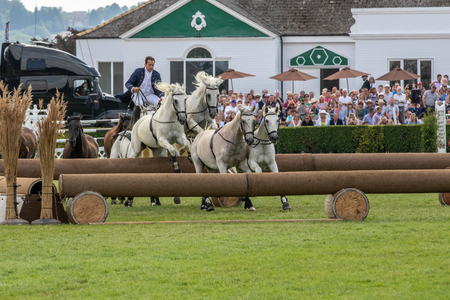 Harrogate, North Yorkshire, UK - July 12th, 2018: French horse trainer Lorenzo performing with his Horses at the Great Yorkshire Show on 12th July 2018 at Harrogate in North Yorkshire, Englandのeditorial素材