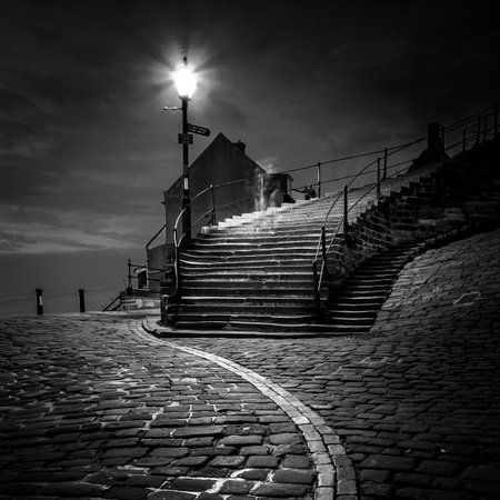 199 steps, Whitby  North Yorkshire Black and whiteの写真素材