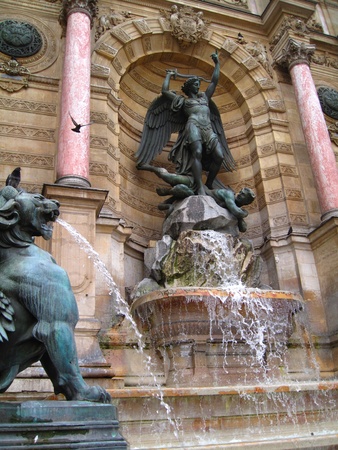 Fontaine Saint-Michel or Saint-Michel Fountain depicts St  Michael s triumph over the devil の写真素材