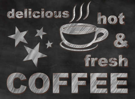 blackboard with coffee cup advertising fresh hot delicious coffeeの写真素材