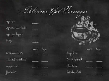 coffee shop cafe menu on blackboard with steaming cupの写真素材