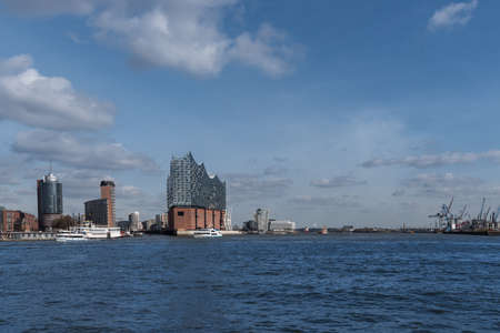Hamburg harbor panorama with the river Elbe and the Elbphilharmonie opera houseのeditorial素材