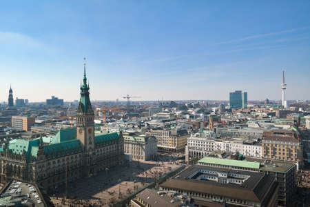 aerial view over Hamburg cityscape with townhall, Michel and Heinrich-Hertz-Turm Telemichel under blue skyのeditorial素材