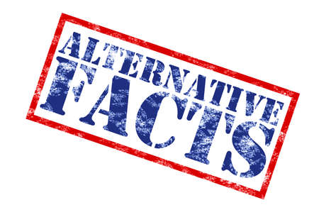 rubber stamp print in red and blue with words alternative facts on white backgroundの写真素材