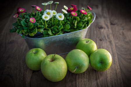green fresh organic apples on rustic vintage wood table with colorful flowers in metal pot in the backgroundの写真素材