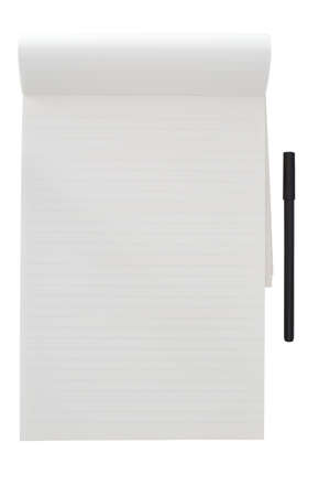 top view of blank ruled notepad and pen side by side isolated on white background templateの写真素材