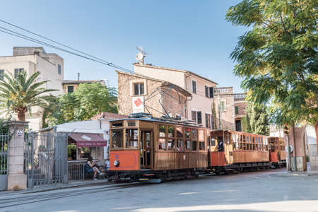 historic tram connecting the towns of Soller and Port de Soller on the island of Mallorca, Spain. Taken on Placa de Mercat in Soller on 2017-10-29のeditorial素材