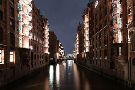 old warehouse district Speicherstadt in Hamburg, Germany illuminated at nightの写真素材