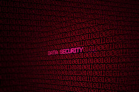 glowing red binary code on screen with words data security background conceptの写真素材