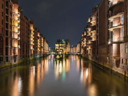 old warehouse district Speicherstadt in Hamburg, Germany illuminated at nightのeditorial素材