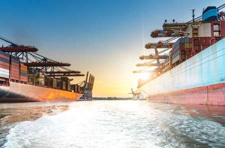 large container ships in harbor at sunsetの写真素材