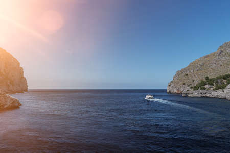 excursion boat on mediterranean sea off the coast of Majorca, Spainの写真素材