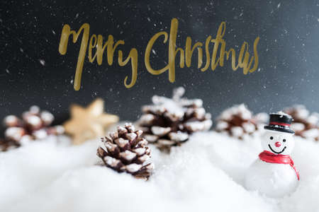 Snowy winter merry Christmas greeting card with snowman and conesの写真素材