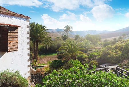 corner of old traditional house in historic village of Betancuria on Fuerteventura island with lush green vegetation and mountain range in background on sunny dayの写真素材