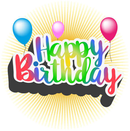 colorful words happy birthday with balloons and rays of sunlight in backgroundのイラスト素材