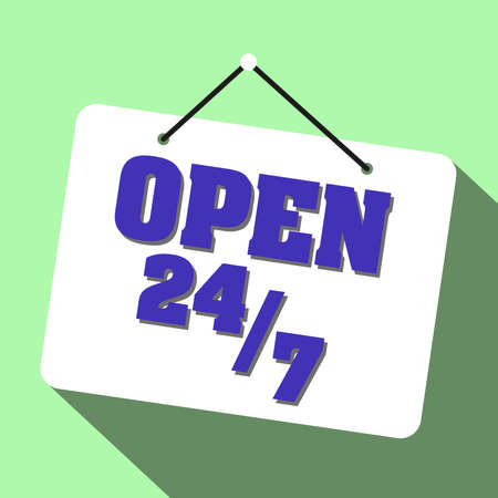 sign saying open 24 7 on green backgroundの写真素材