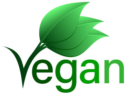 green vegan food text logo with three leavesの写真素材