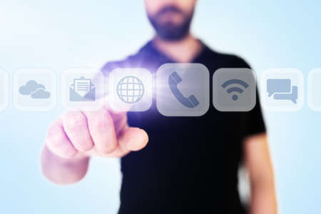 businessman scrolling through communication apps on translucent digital display interface, digital...