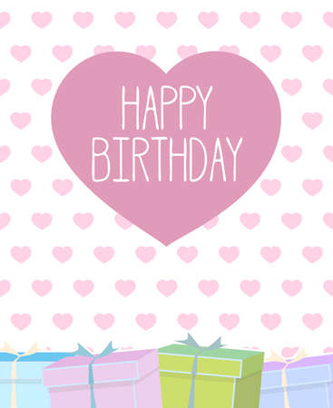 happy birthday greeting card with heart shapes and gift boxes illustrationの写真素材