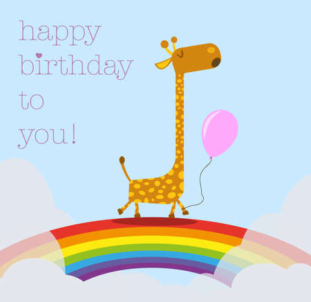 giraffe holding balloon walking on rainbow happy birthday card illuistration templateのイラスト素材