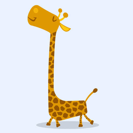 happy smiling giraffe illustration against light blue backgroundの写真素材