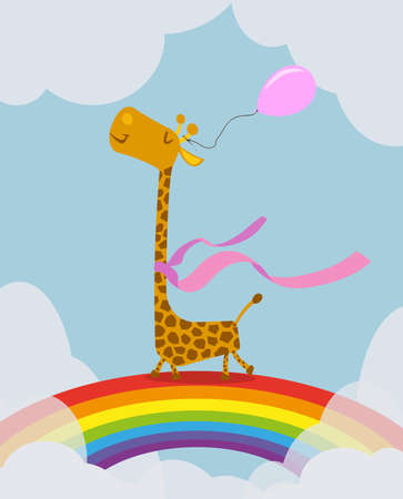 giraffe with pink balloon walking on rainbow within clouds greeting card illustration templateの写真素材