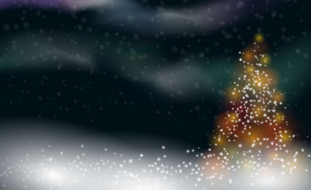 snowy winter christmas background with illuminated christmas tree and northern lightsの写真素材