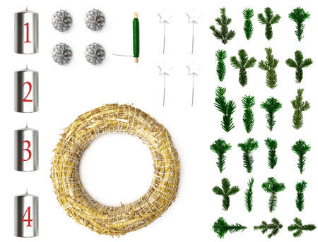 top view flatlay of parts for making a advent or christmas wreathの写真素材