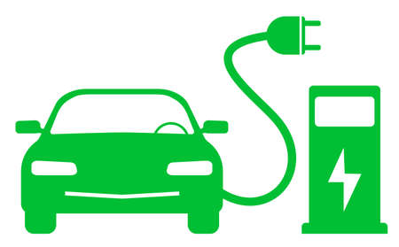 green electric car and charging station symbol vector illustrationのイラスト素材