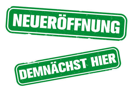 grungy rubber stamp with text NEUEROFFNUNG and DEMNACHST HIER, German for OPENING or REOPENING and SOON HERE or COMING SOON, vector illustrationのイラスト素材