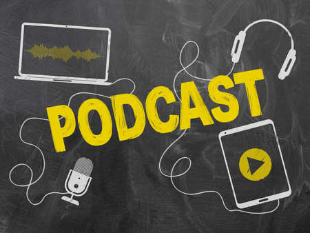 podcasting concept on blackboard or chalkboard with microphone and headphonesの写真素材