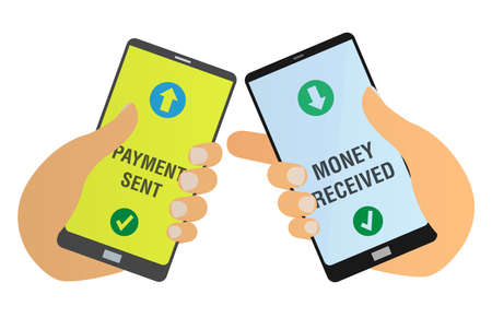 mobile contactless payment concept, people using smartphones to transfer money vector illustrationのイラスト素材