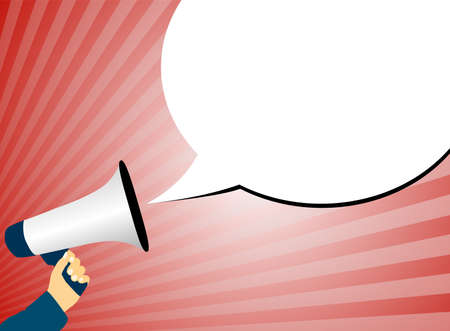 hand holding megaphone or bullhorn against red background with rays of light and speech bubble vector illustration