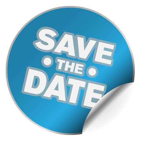 blue round SAVE THE DATE sticker with one side curled up vector illustrationのイラスト素材