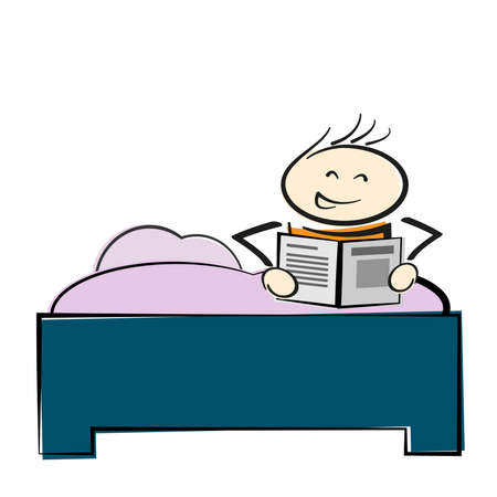 stickman character sitting in bed reading a book or newspaper vector illustrationのイラスト素材