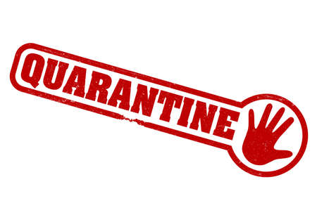 red QUARANTINE rubber stamp with hand stop gesture isolated on white vector illustration, quarantine due to corona virus outbreak conceptのイラスト素材