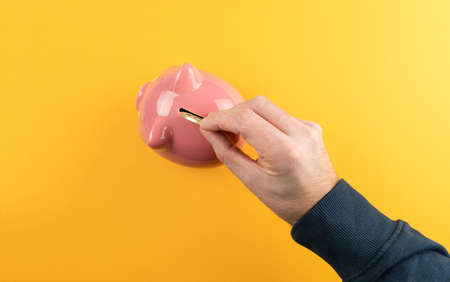 saving money and making profit concept, top view of hand inserting golden coin into pink piggy bank against orange colored backgroundの写真素材