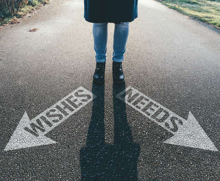 person standing behind arrows on asphalt pointing in different directions saying WISHES and NEEDS