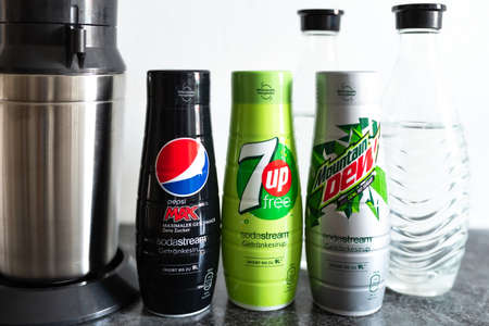 Hamburg, Germany - May 26, 2020: PepsiCo flavored syrups for SodaStream sparkling water maker, Pepsi Max, 7 Up and Mountain Dew sugar free syrupのeditorial素材