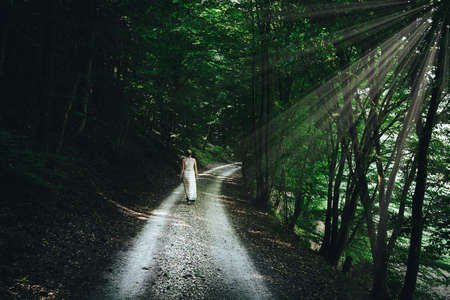 blonde caucasian woman in summer dress walking on narrow gravel road through dark forestの写真素材