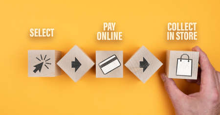 buy online and pick up in local store, click and collect concept on wooden blocksの写真素材