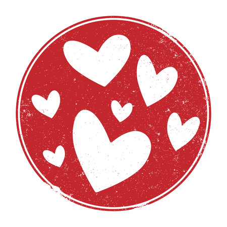 grungy round red rubber stamp with hearts, love and affection symbol vector illustrationのイラスト素材