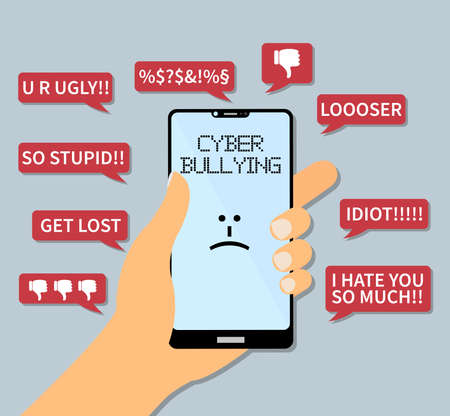 cyber bullying concept, hand holding smartphone with insulting text messages vector illustrationのイラスト素材