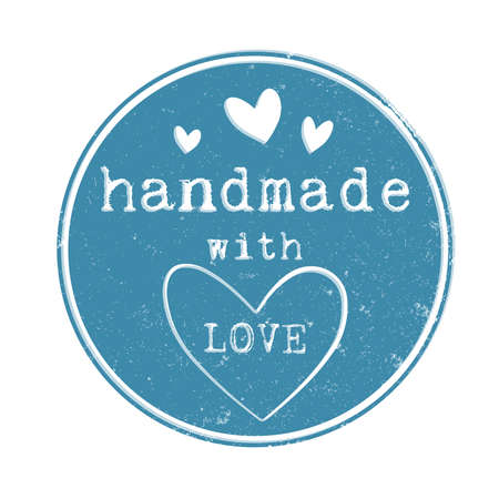 blue round grungy HANDMADE WITH LOVE label or stamp with hearts isolated on white vector illustrationのイラスト素材