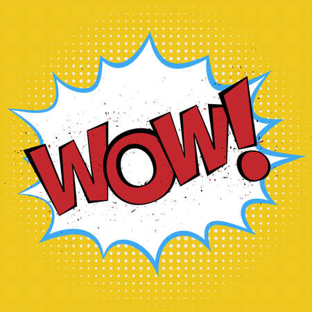 word WOW in comic splash bubble on yellow halftone background, vector illustrationのイラスト素材