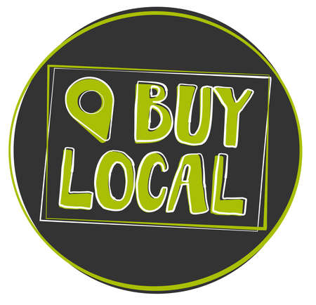round BUY LOCAL label or stamp with location marker symbol, vector illustrationのイラスト素材