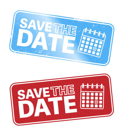 grungy SAVE THE DATE stamp or sticker with calendar icon, vector illustrationのイラスト素材