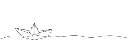 continuous single line paper boat on water, line art vector illustrationのイラスト素材